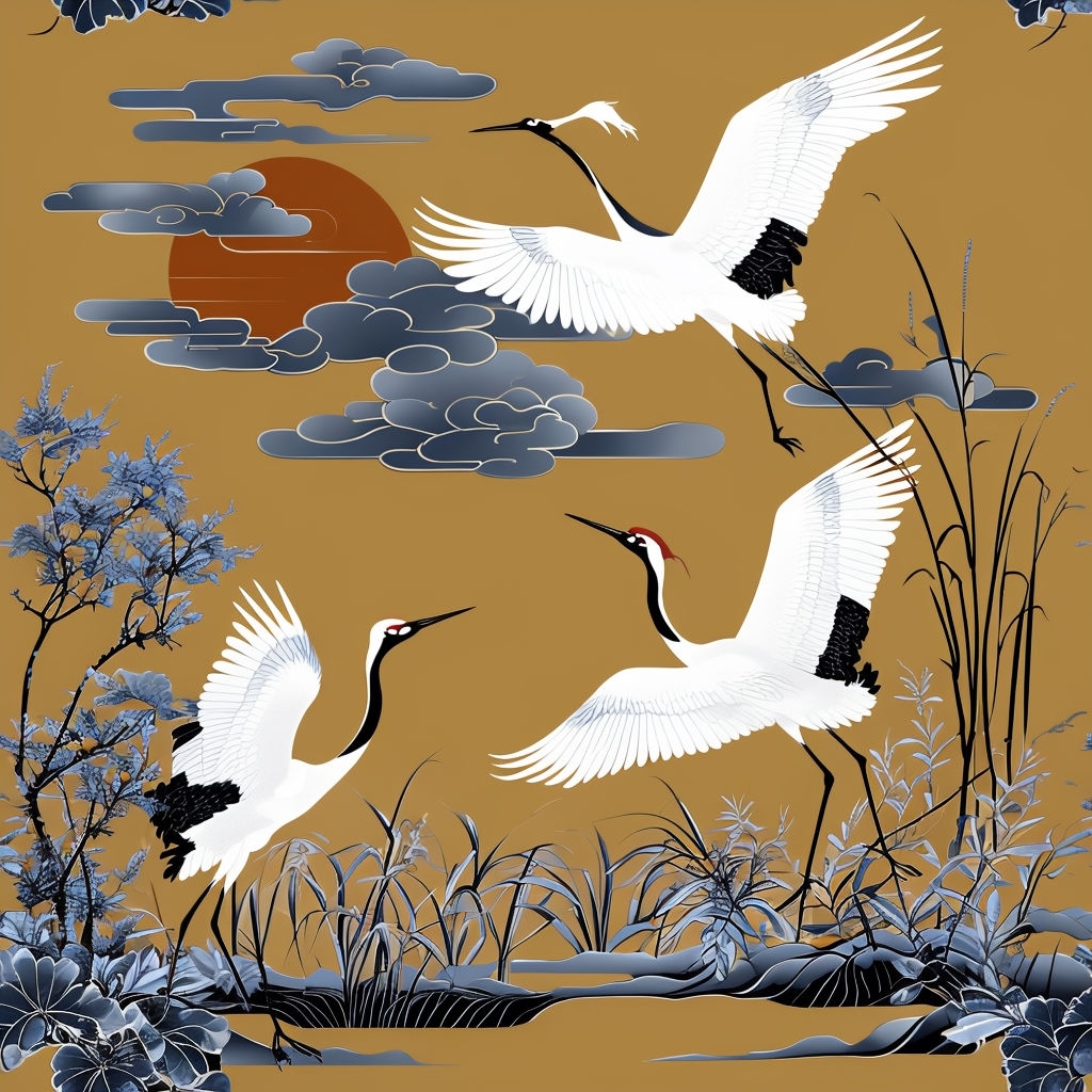 Traditional East Asian Crane Seamless Pattern Design