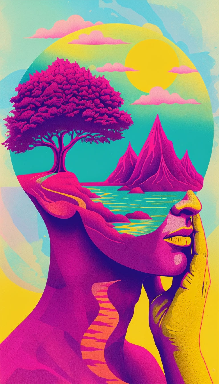 Psychedelic Landscape Within Human Head Illustration Art