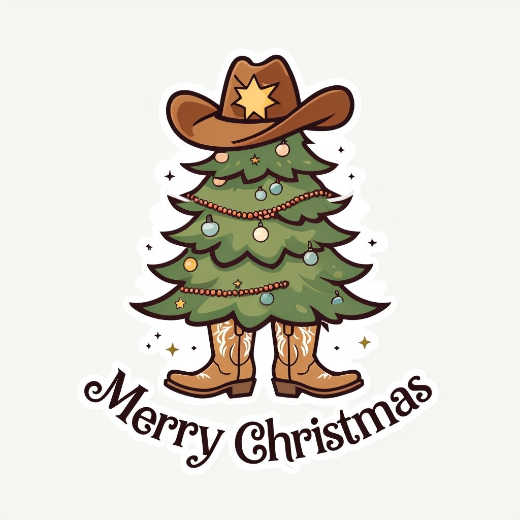 Playful Christmas Tree Card with Cowboy Hat and Boots Design 