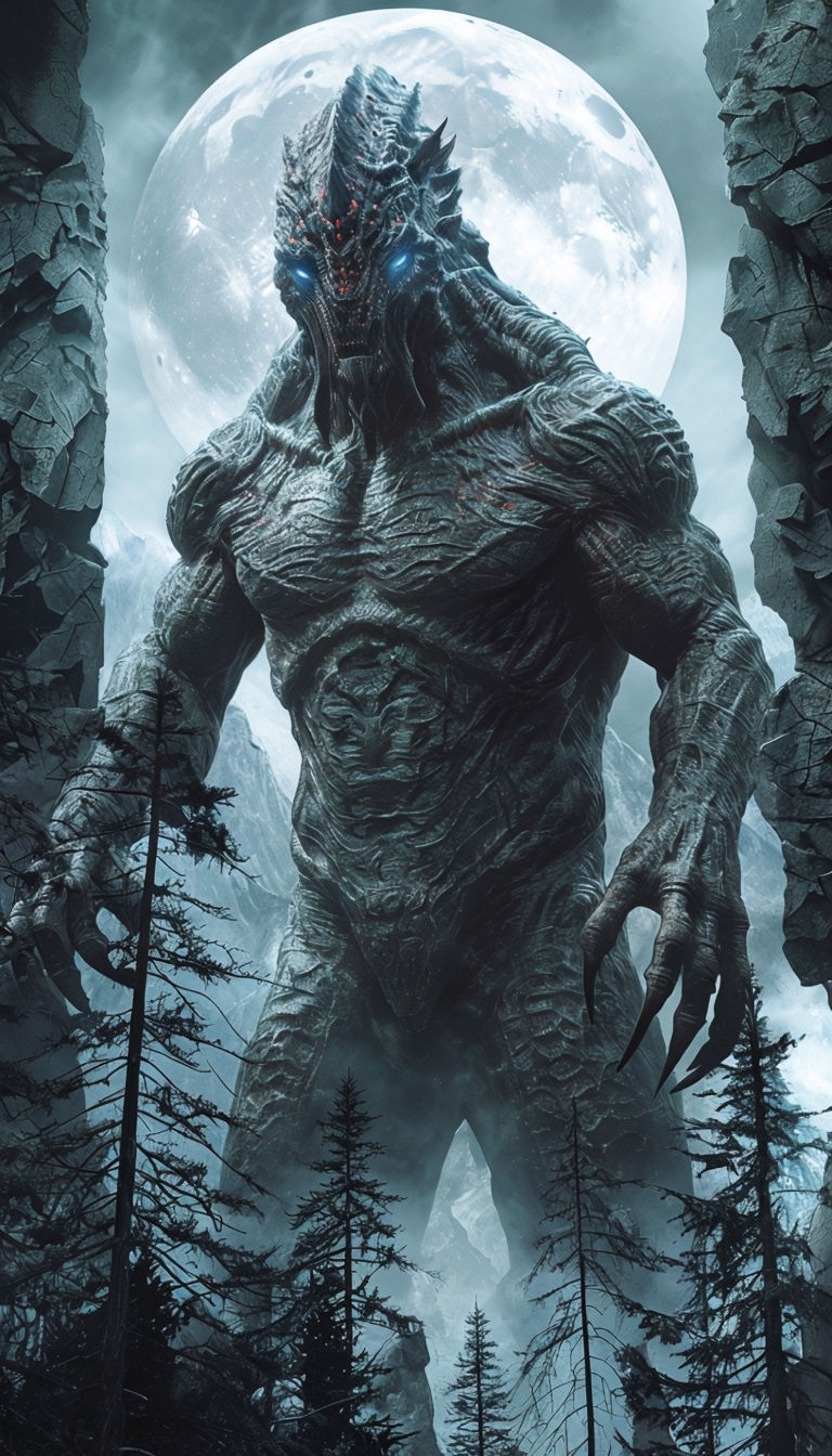 Menacing Colossal Creature Under Full Moon Art Poster