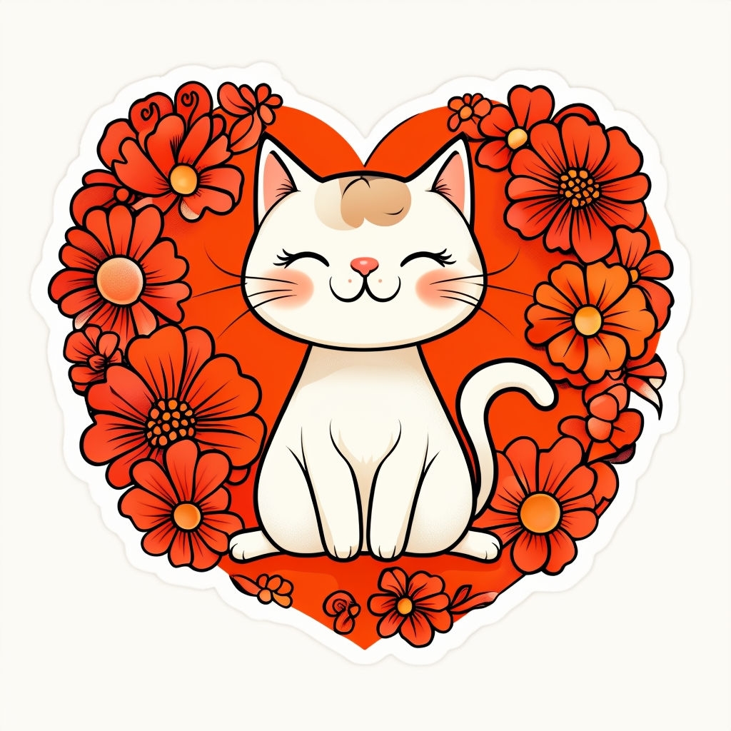 Cheerful White Cat in Heart Floral Design Sticker