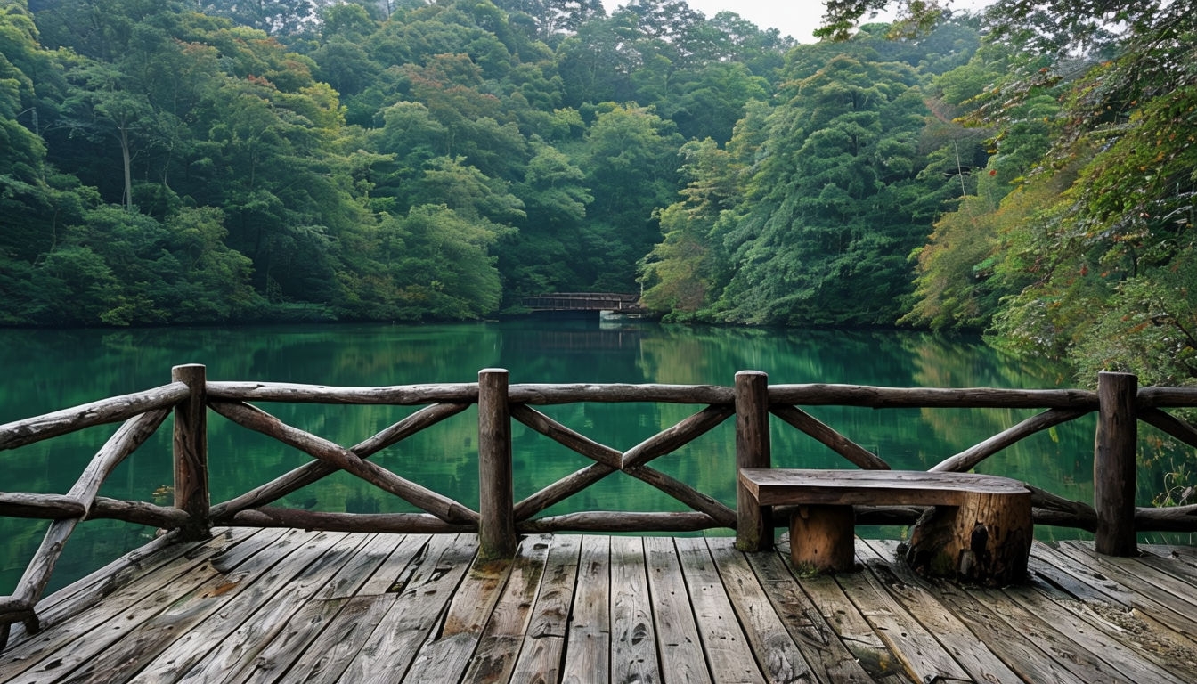 Tranquil Emerald Lake Landscape with Wooden Deck Virtual Backgrounds