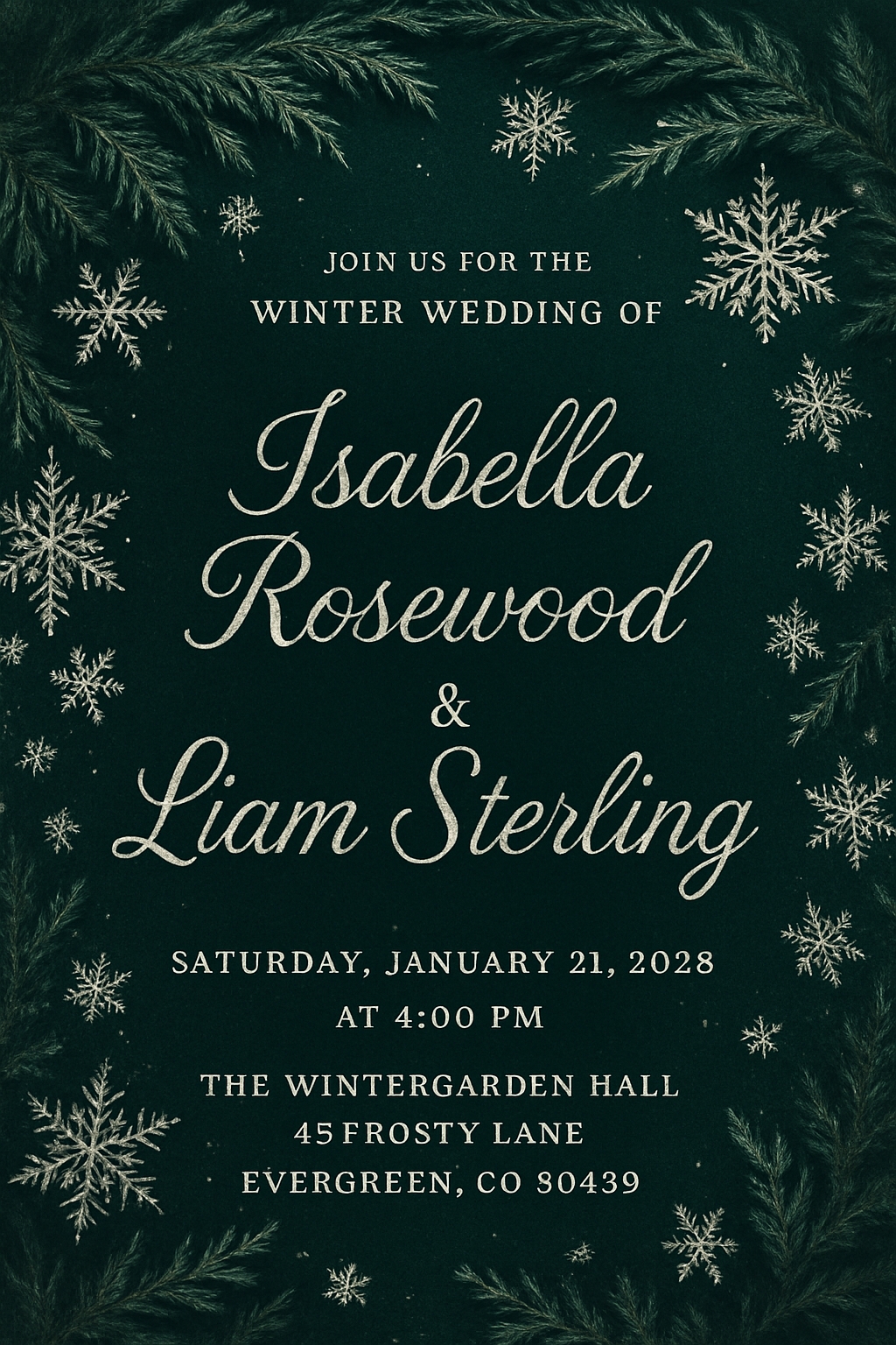 Elegant Winter Wedding Invitation with Snowflakes and Pine Branches Card