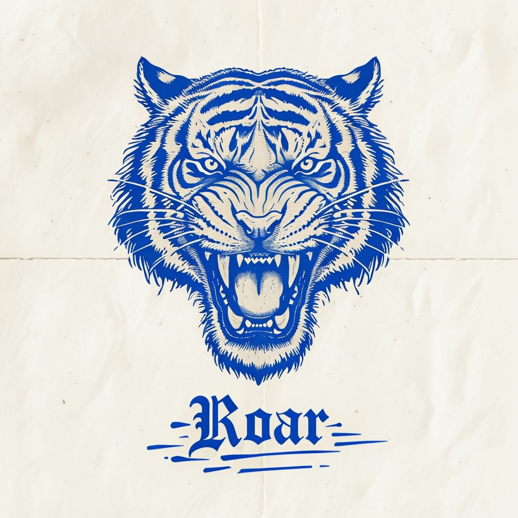 Royal Blue Roaring Tiger Illustration with Decorative Text Poster