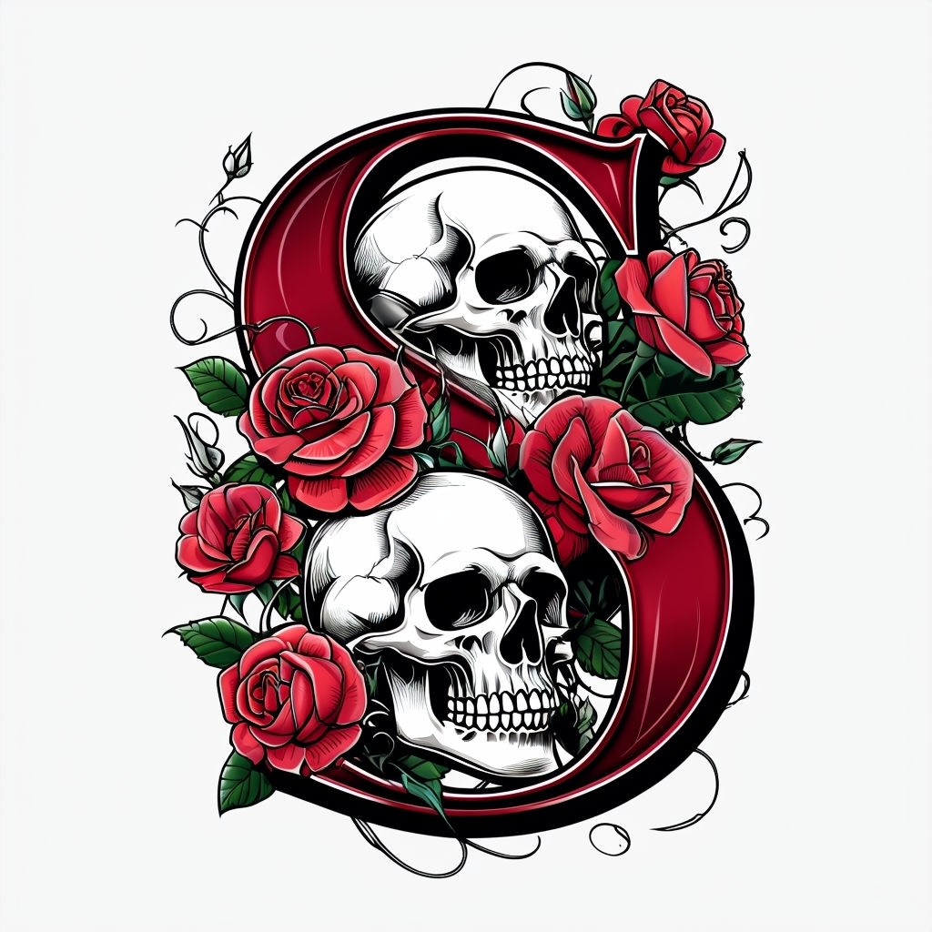 Gothic Dark Red S Monogram with Skull and Roses Design Monogram