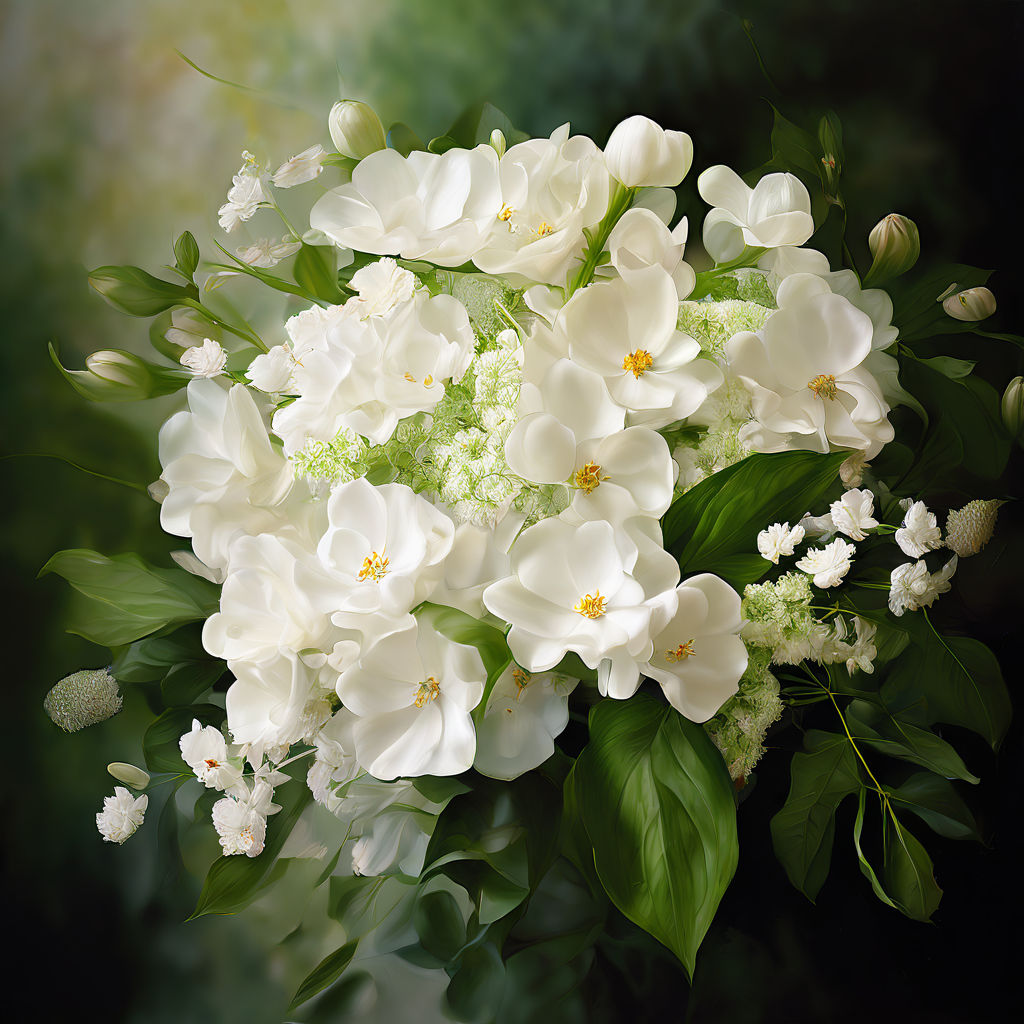Prompt: Bouquet brimming with numerous miniature white blossoms, vibrant green leaves clustered at the forefront, full frontal view, delicate petal textures visible, background softly blurred, natural light caressing the floral arrangement, high-resolution photo, golden ratio composition, digital painting