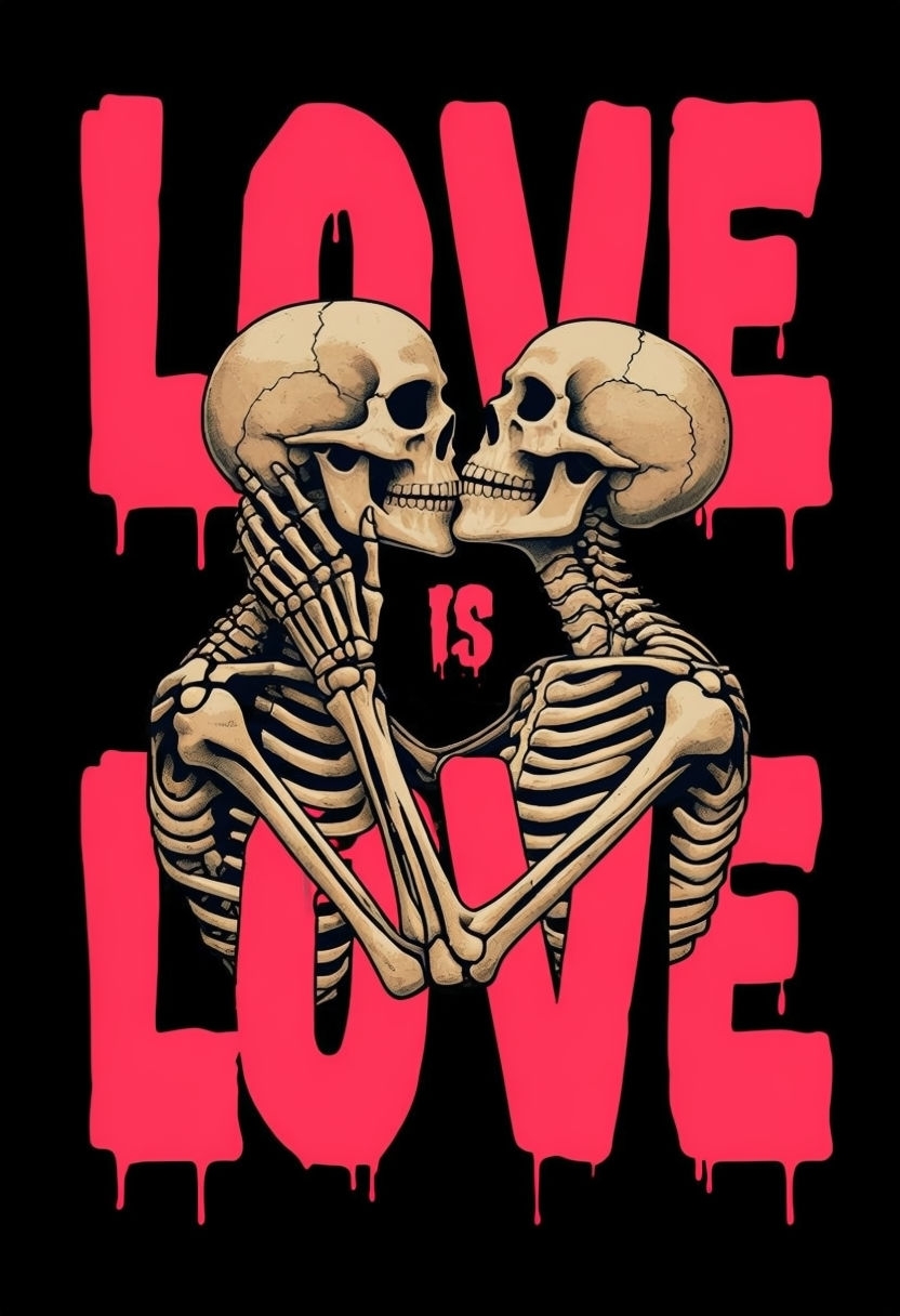 Romantic Skeletal Embrace with Love is Love Neon Art Poster