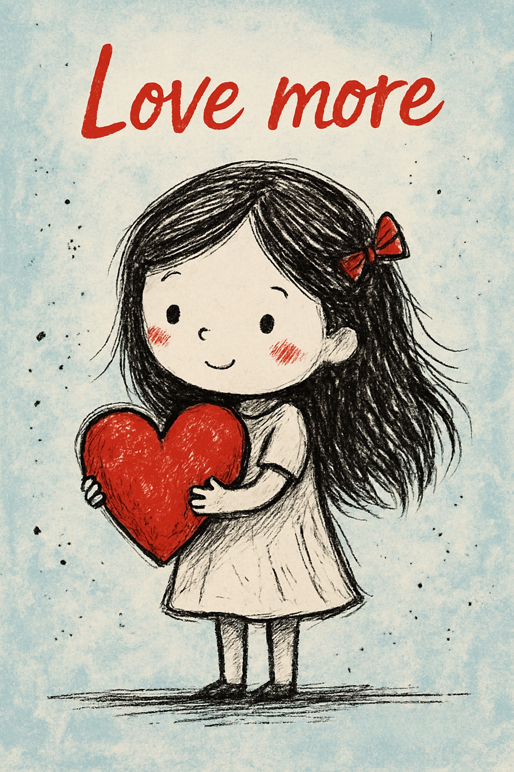 Whimsical Hand-Drawn Girl with Heart and Love More Quote Card