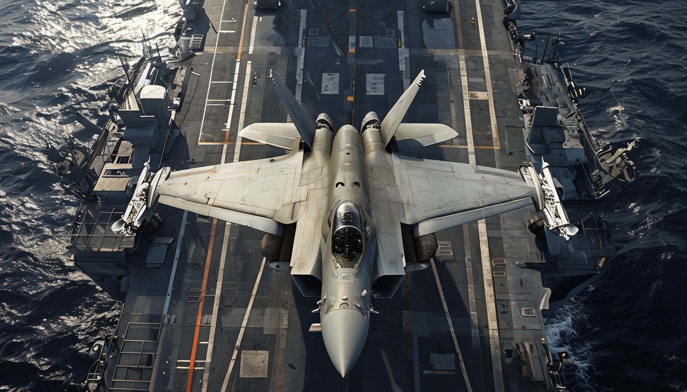 Stunning Aerial View of Fighter Jet on Aircraft Carrier Background