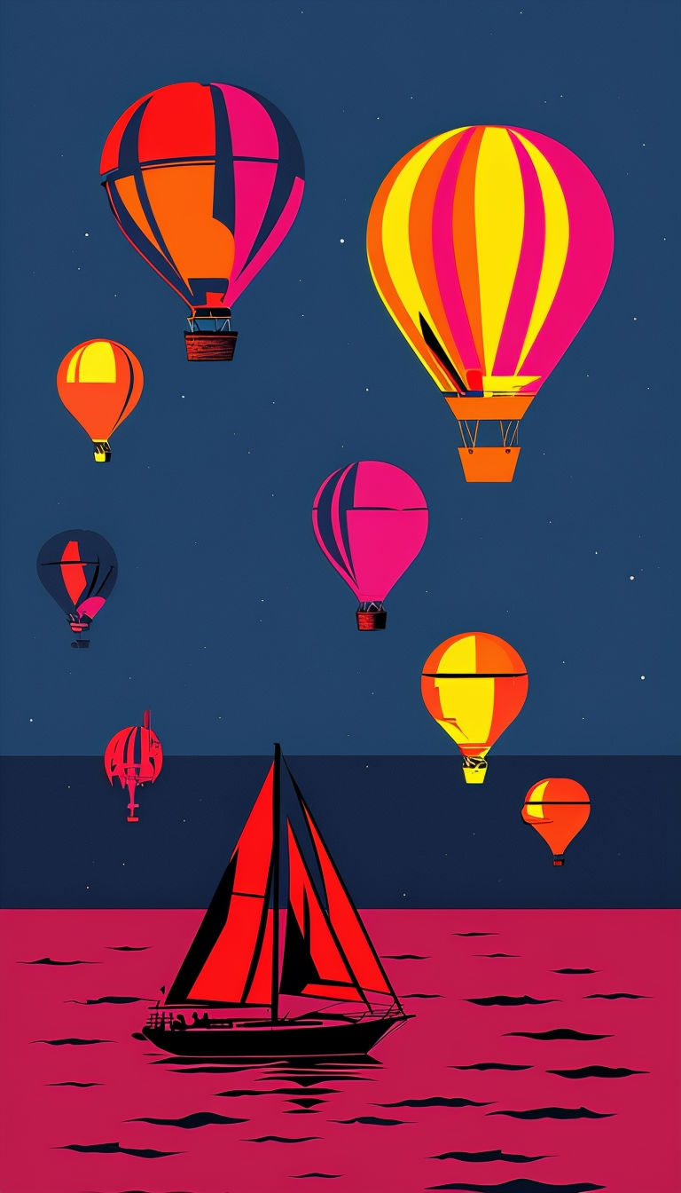 Bold Moonlit Ocean Scene with Hot Air Balloons Art