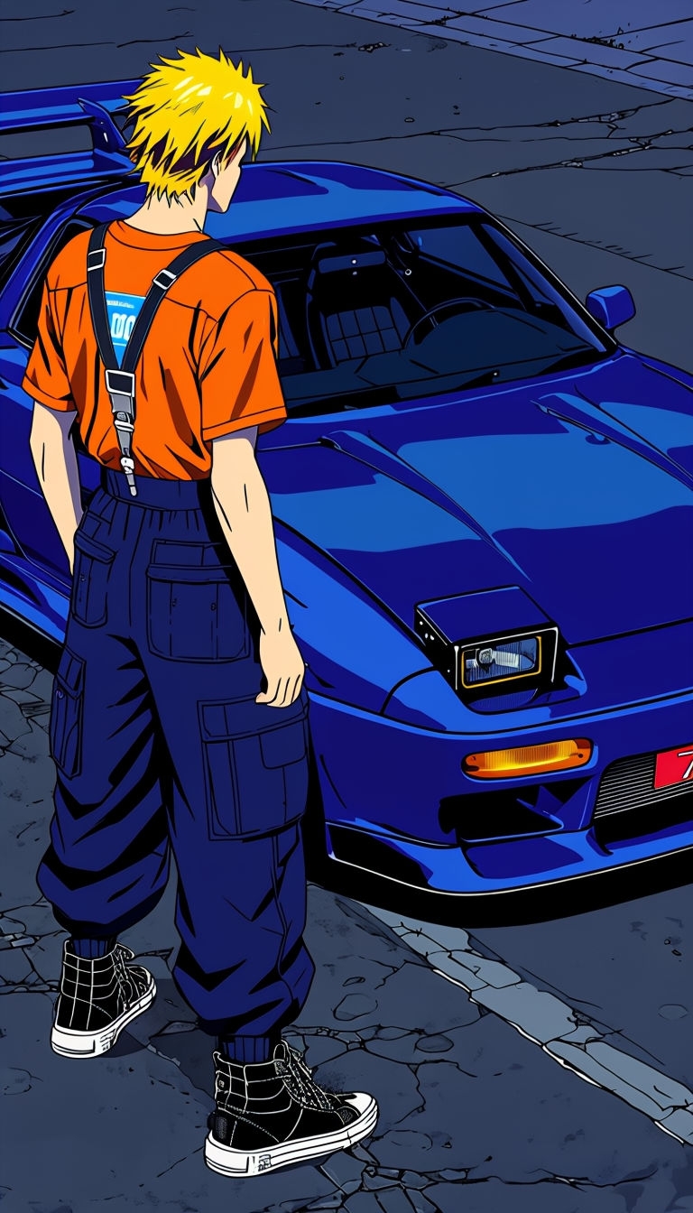 Vibrant Anime Illustration of a Young Man and Sports Car Art