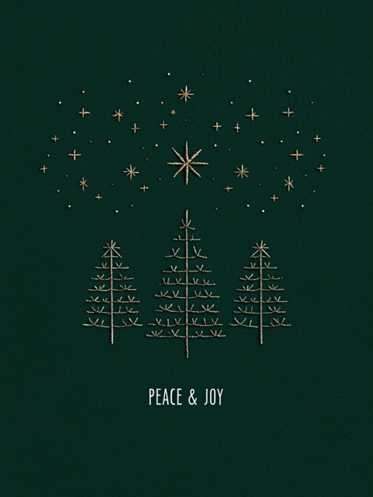 Minimalist Gold-Stitched Christmas Trees with Stars Card Design