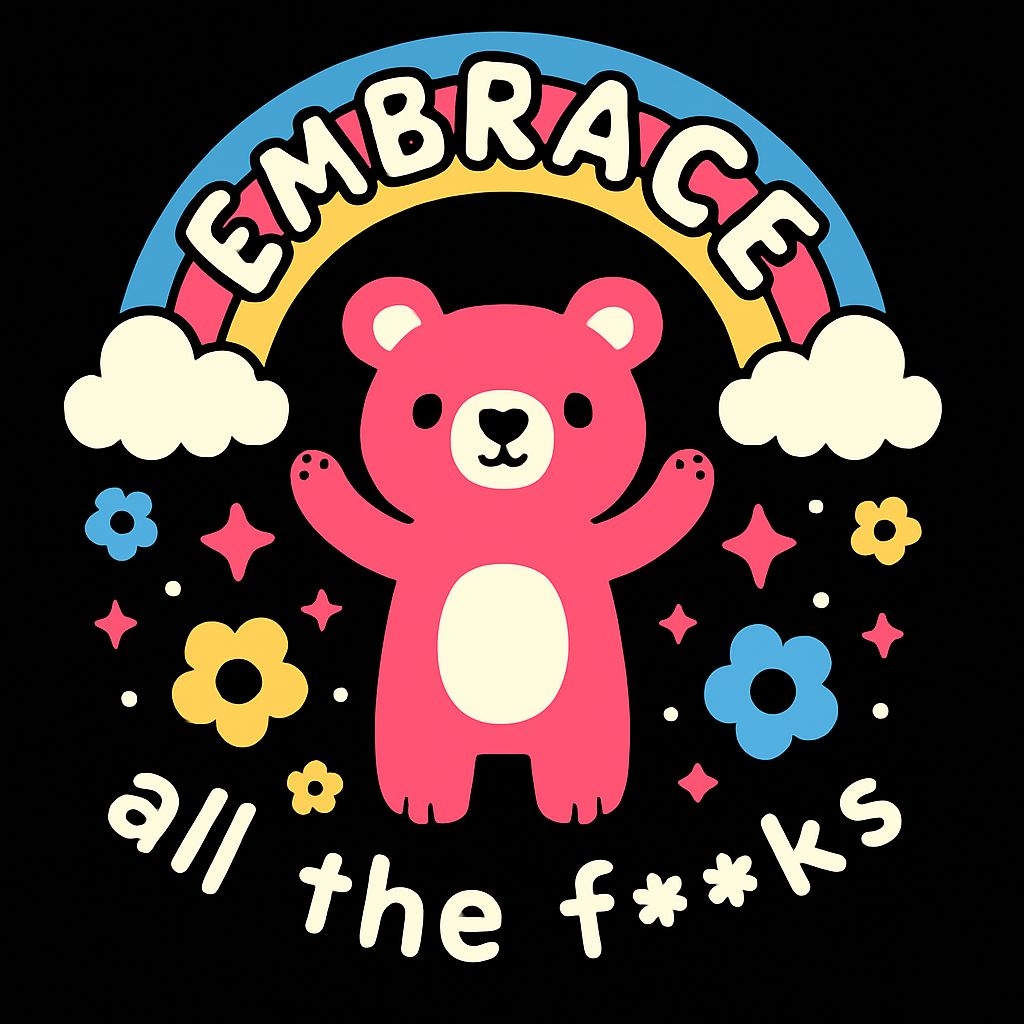 Playful Pink Bear Embrace with Rainbow and Clouds T-Shirt