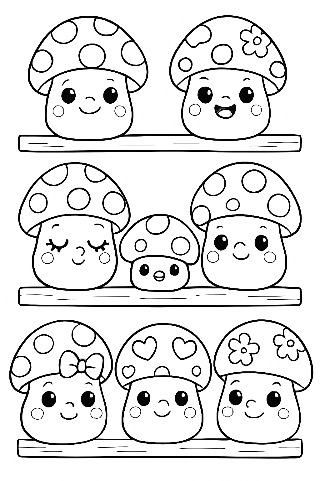 Cute Cartoon Mushrooms with Expressions Line Art for Coloring Book Pages