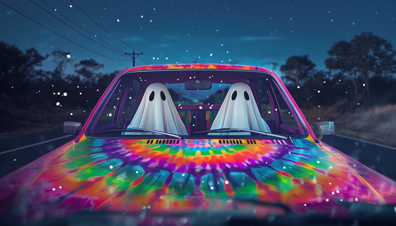 Surreal Ghostly Figures in Tie-Dye Car Night Scene Background