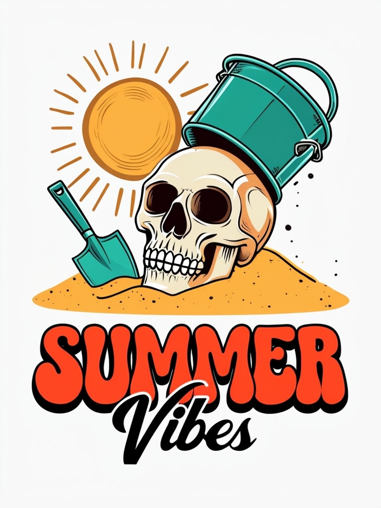 Playful Skull with Teal Shovel and Bucket Summer Vibes T-shirt