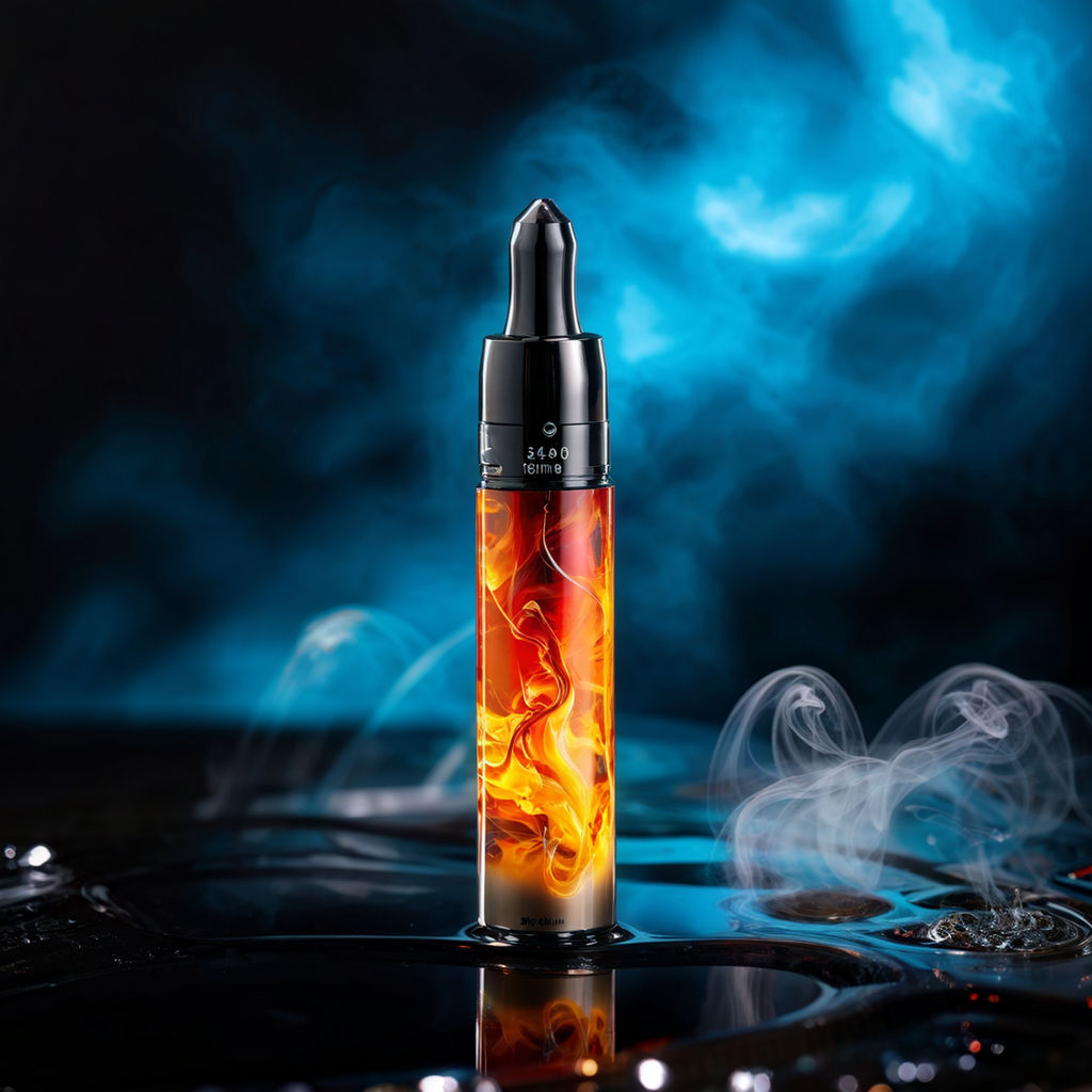 Prompt: Electronic cigarette liquid, translucent amber with swirling smoke tendrils rising from the tank, resting on a vape device with a brushed metal finish, reflecting ambient light, macro shot, droplets condense on the exterior like dew on a spider's web, vibrant color palette, digital painting, ultra realistic.