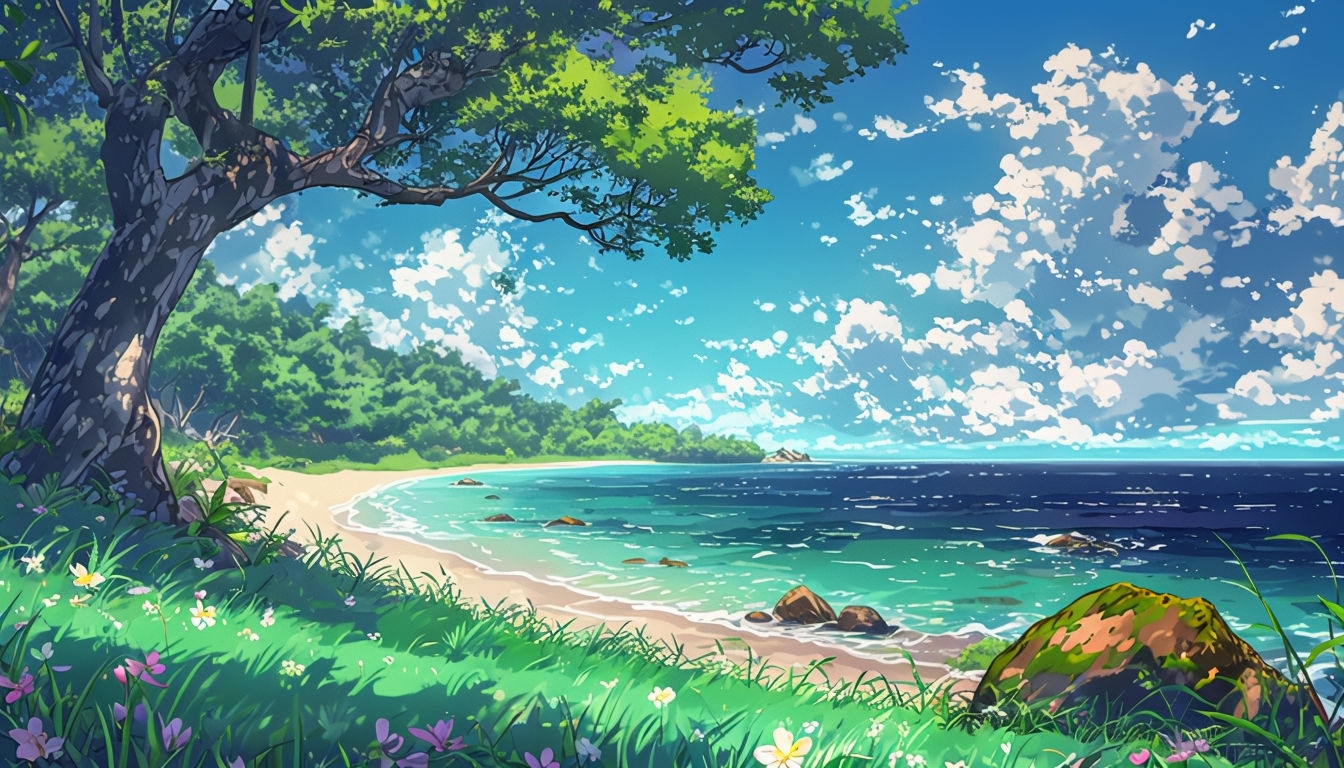 Tranquil Anime Coastal Landscape with Vibrant Greenery Virtual Backgrounds