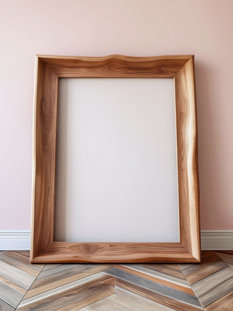 Minimalist Wooden Frame and Canvas on Pale Pink Wall Mockup