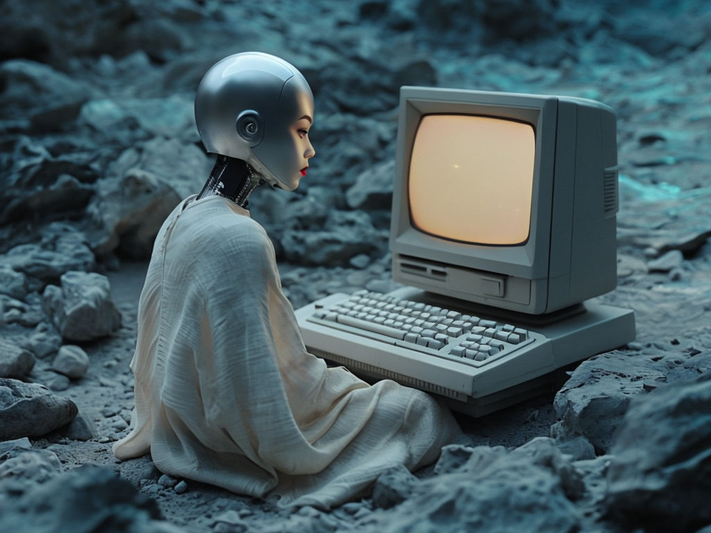 Futuristic Humanoid Robot Interacting with Vintage Computer Art