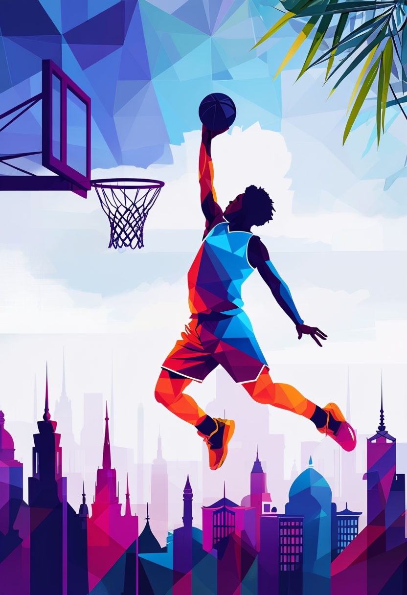 Dynamic Basketball Dunk Illustration with Colorful Geometric Patterns Art