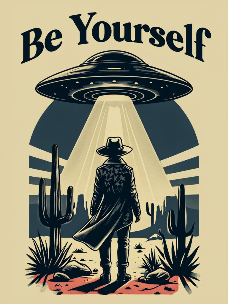 Vintage Desert UFO Illustration with Be Yourself Message Poster