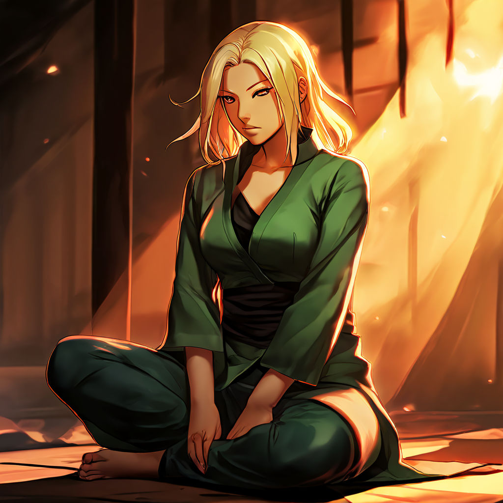 giving her a casual yet distinct appearance. Stature and Poise: Tsunade  stands tall and with a commanding presence. Her posture exudes confidence  and strength