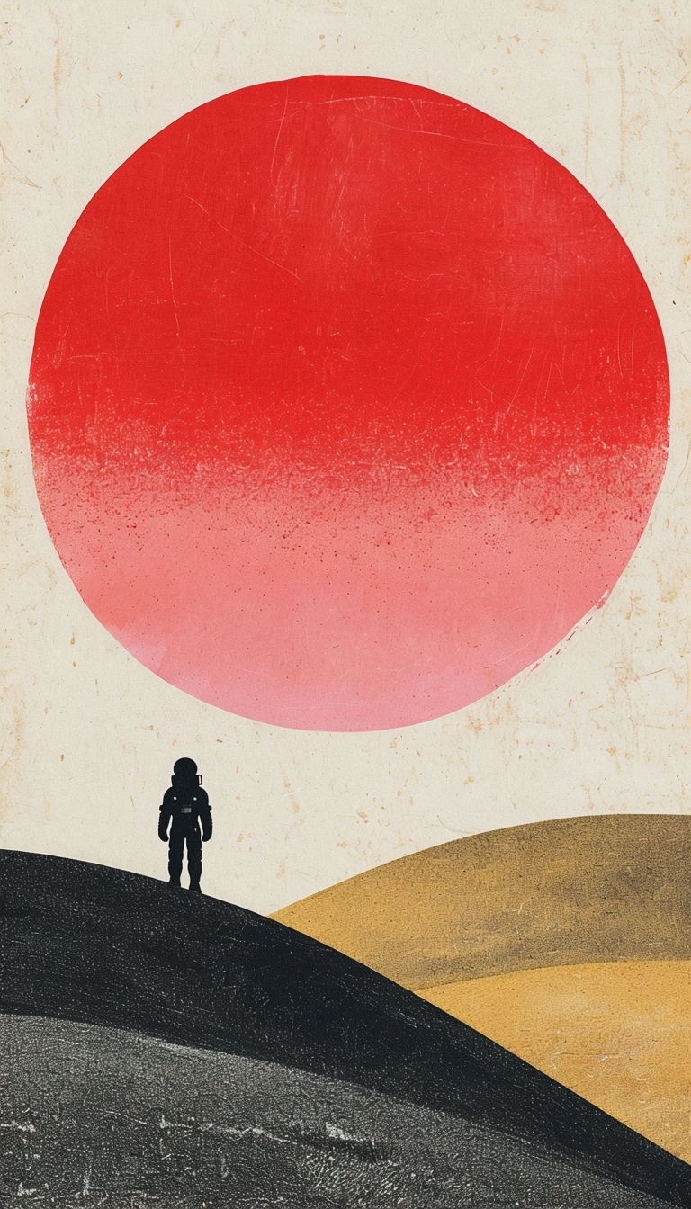Minimalist Red Circle and Astronaut in Natural Landscape Mobile Wallpaper