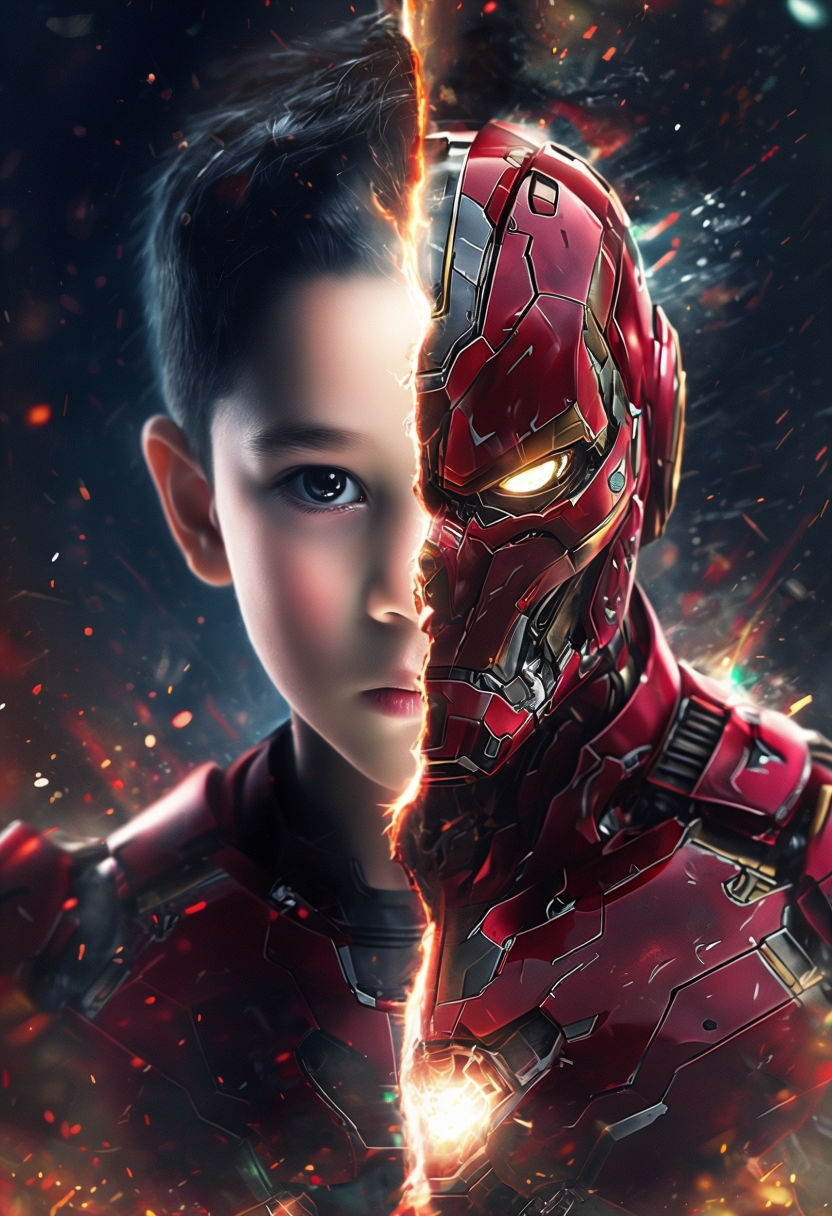 Transformational Duality Digital Art of Boy and Robotic Armored Suit Poster