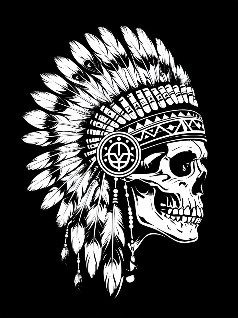 Elaborate Skull with Native American Headdress Black and White T-shirt