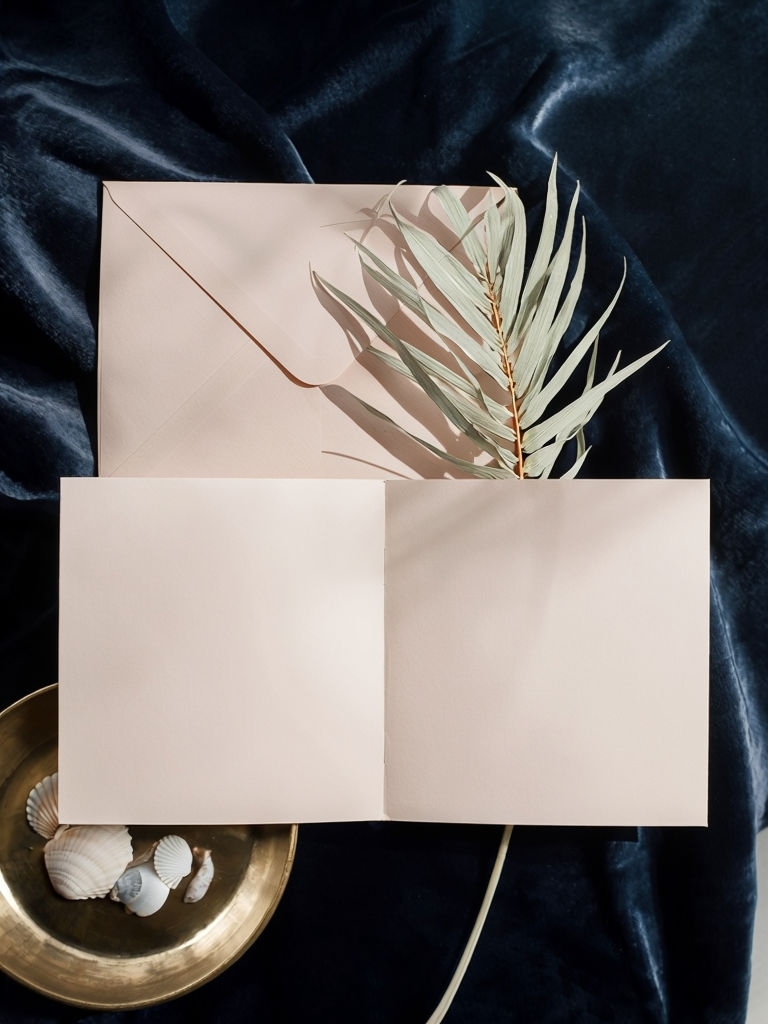 Elegant Blush Pink Greeting Card and Seashells Mockup