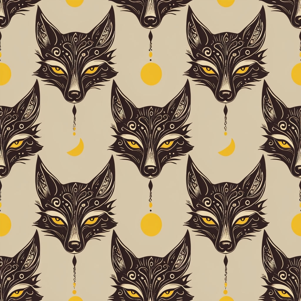 Stylized Fox Heads with Mustard Accents Seamless Pattern