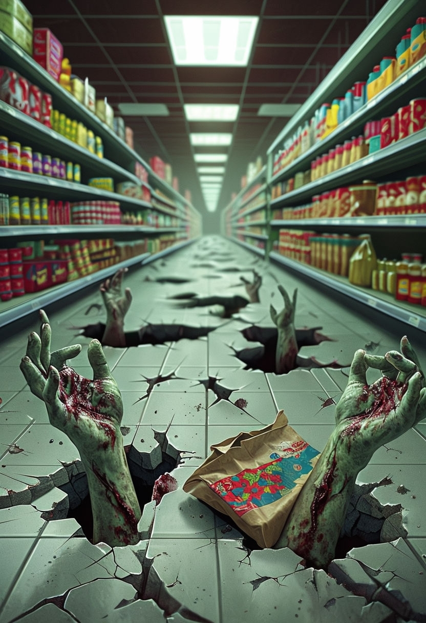 Zombie Hands Emerging from Supermarket Floor Horror Art Poster