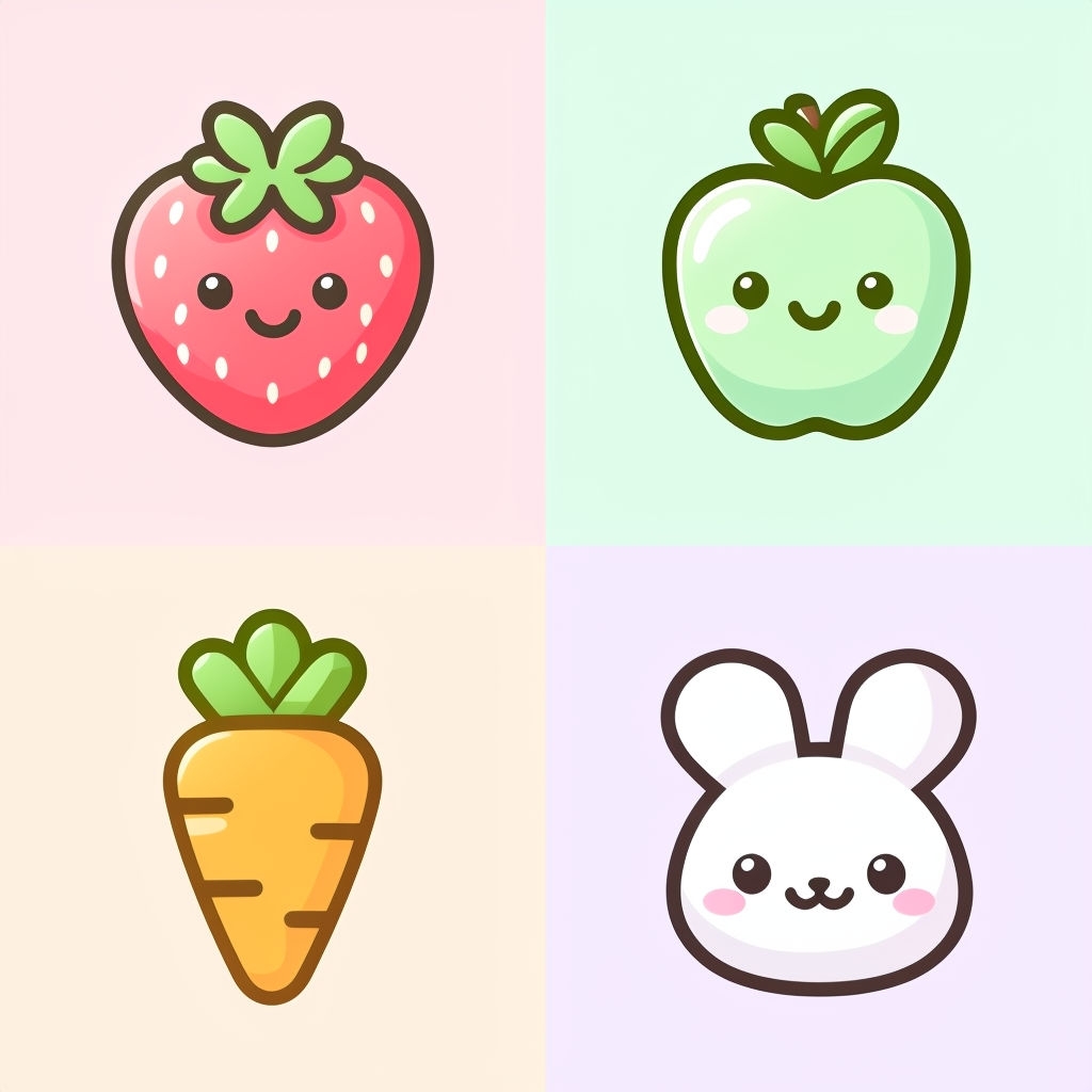Cute Cartoon Kawaii Icons in Pastel Grid Seamless Pattern