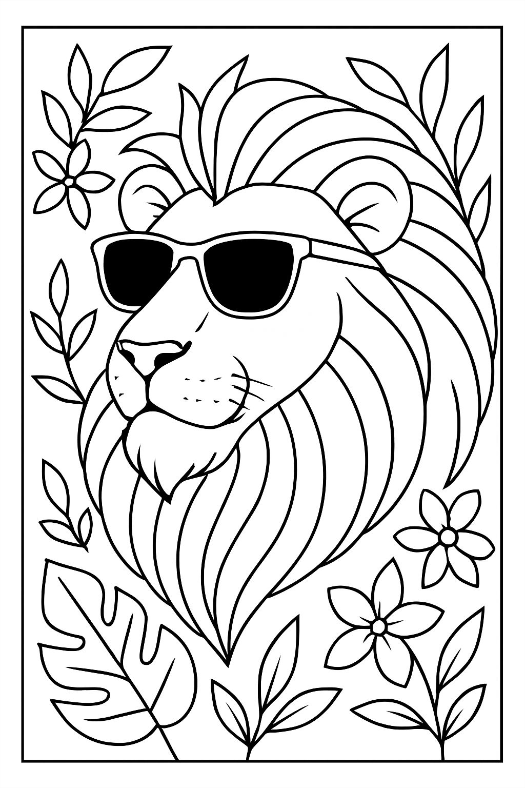 Stylized Lion's Head with Sunglasses and Botanical Elements Coloring Book Page