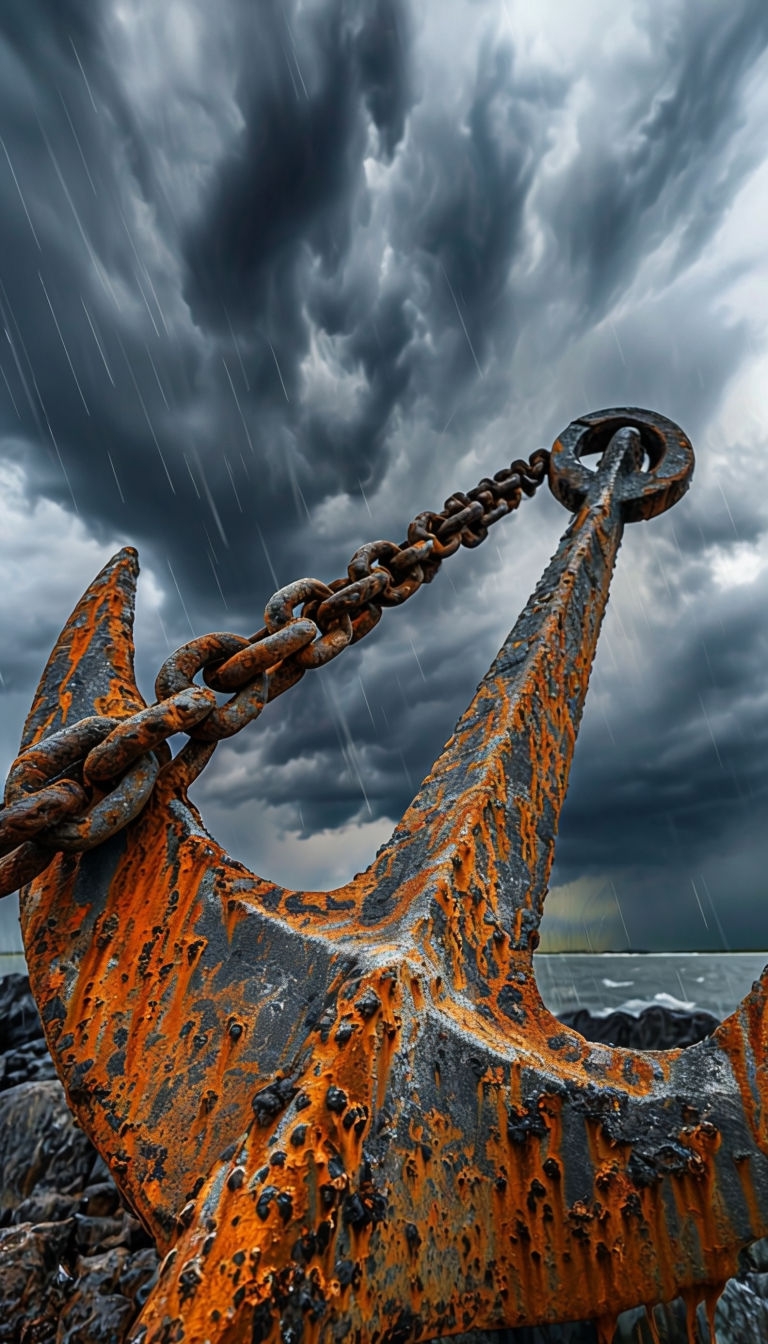 Dramatic Rusty Anchor and Chain Under Ominous Stormy Sky Mobile Wallpaper