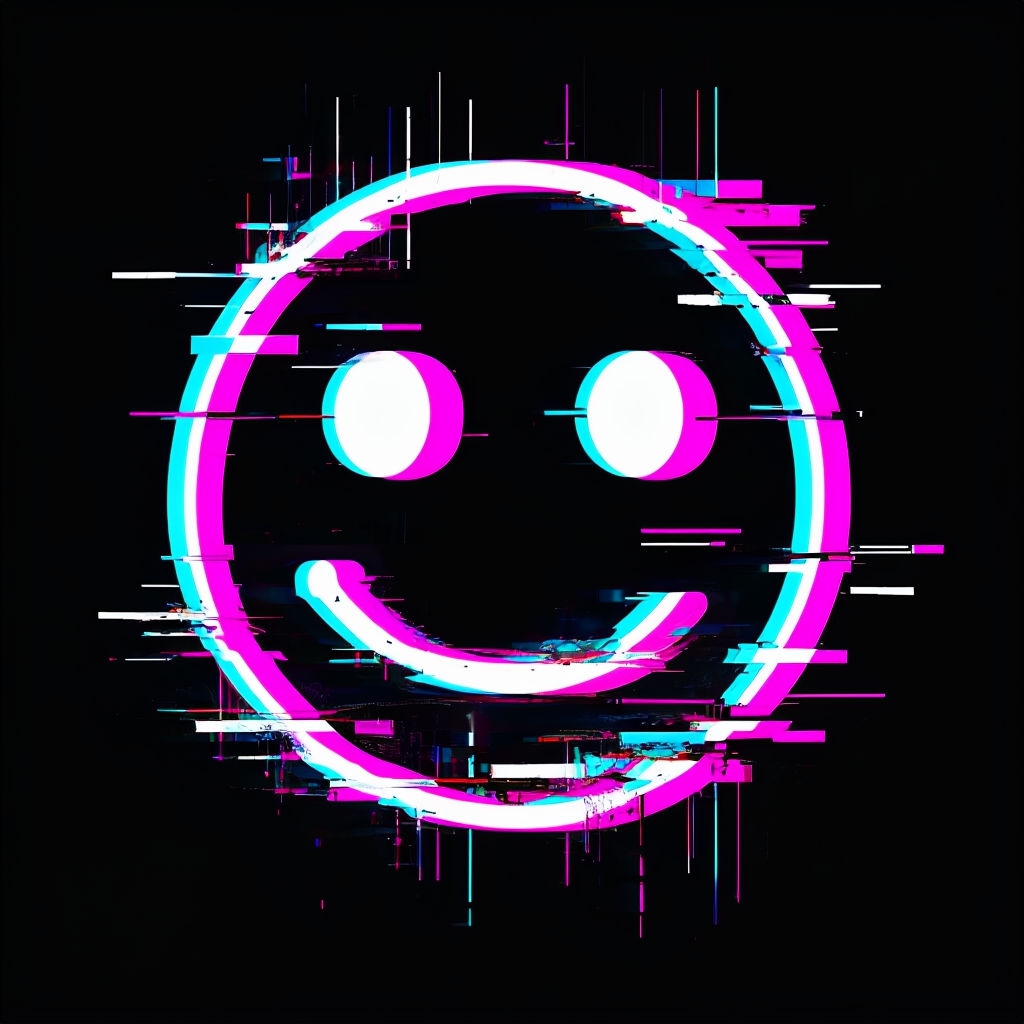 Glitchy Neon Smiley Face Digital Art T-Shirt