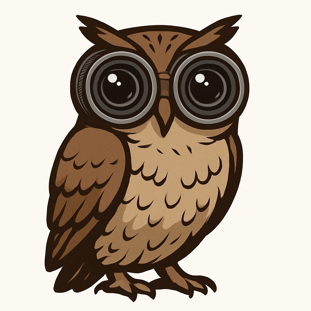 Whimsical Cartoon Owl with Binoculars Illustration Sticker