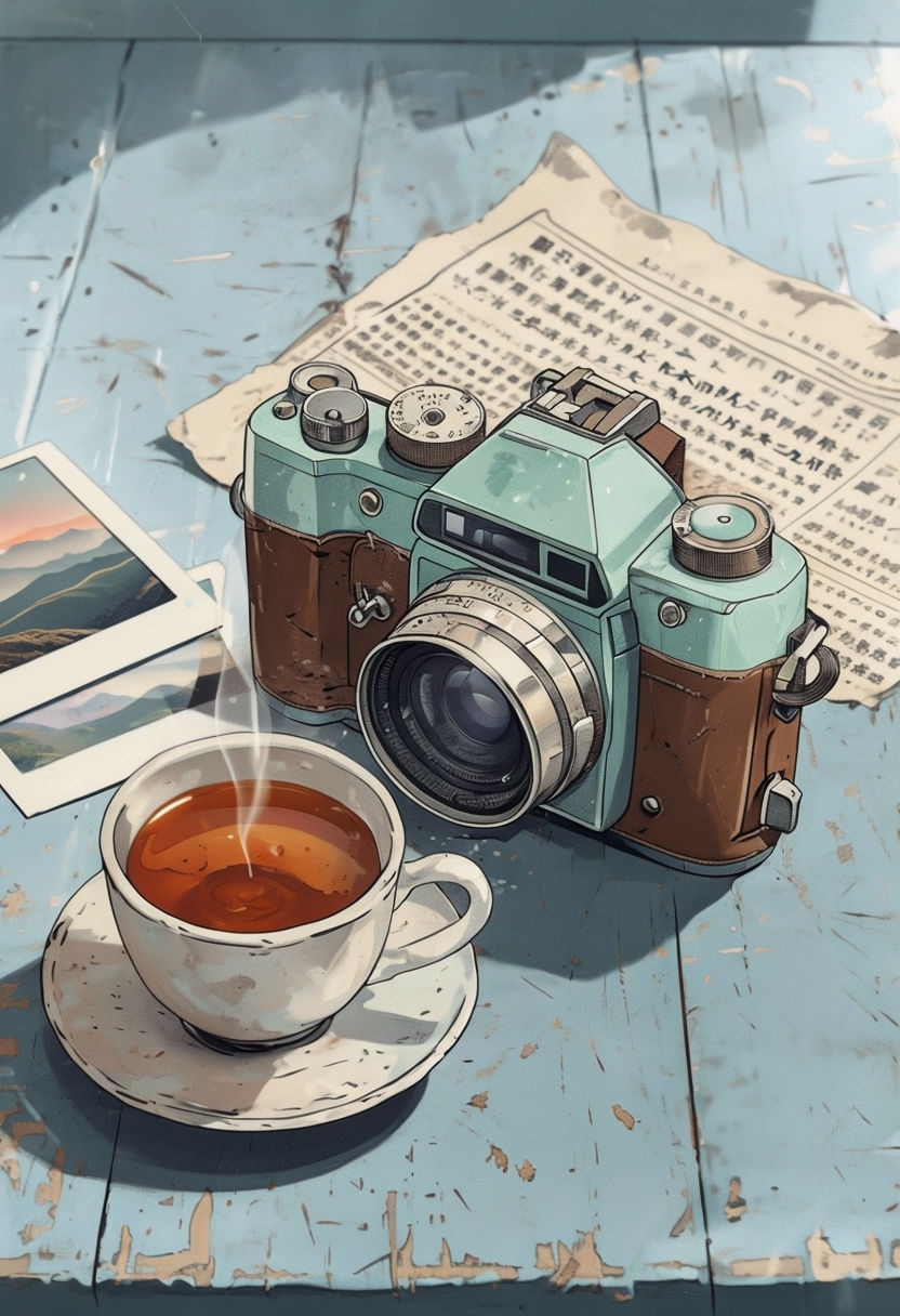 Nostalgic Vintage Still Life with Camera and Tea Cup Art