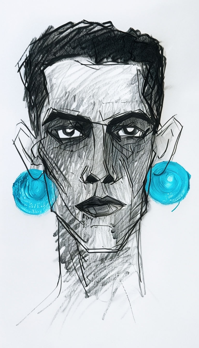 Abstract Crayon Face Study with Turquoise Earrings Art