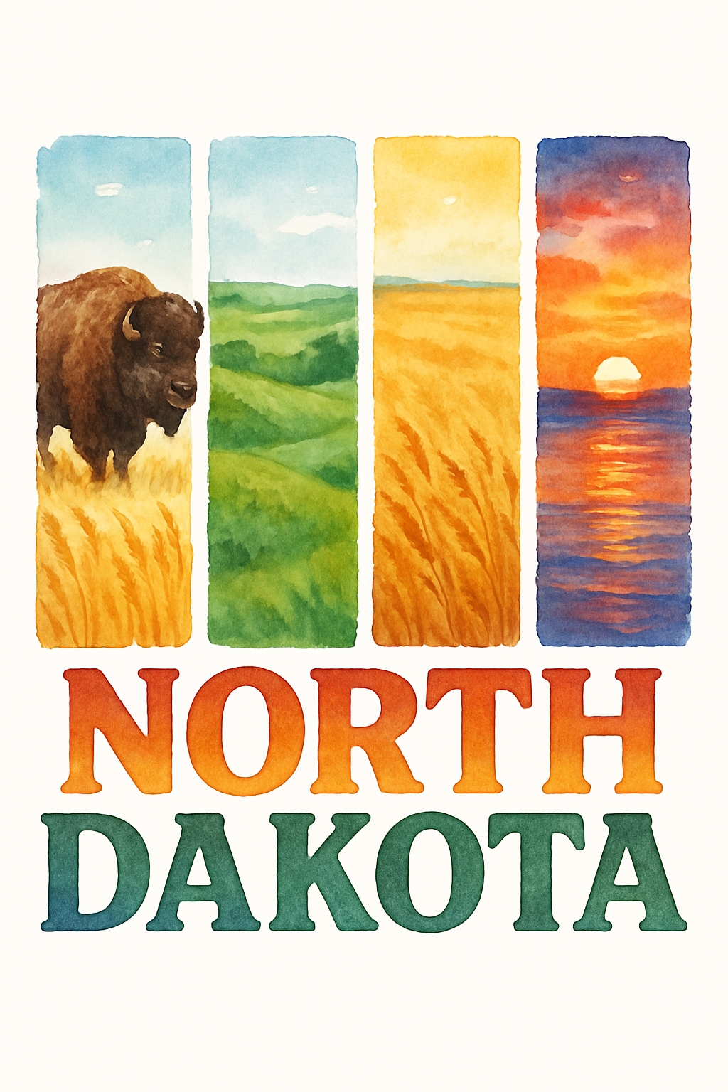 North Dakota Scenic Beauty Watercolor Illustration Poster