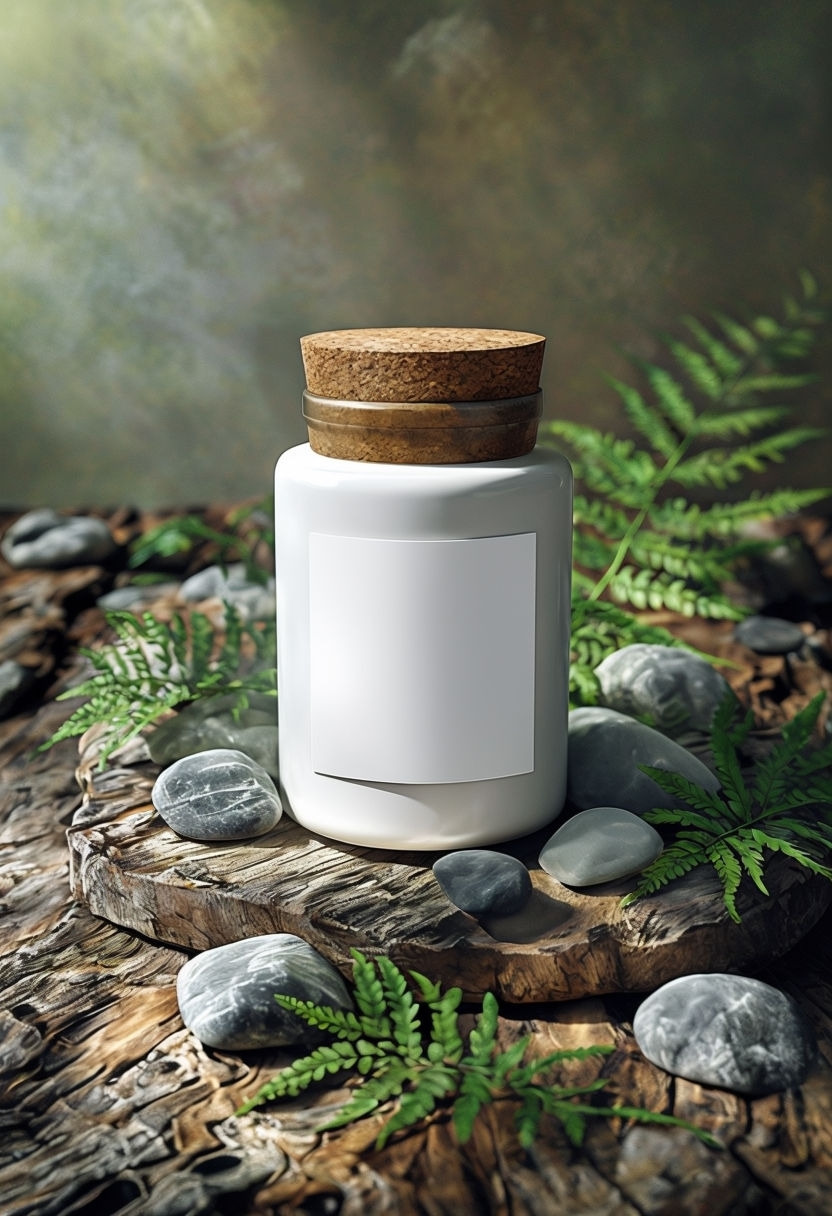 Photorealistic White Ceramic Jar Mockup with Natural Accents Mockup