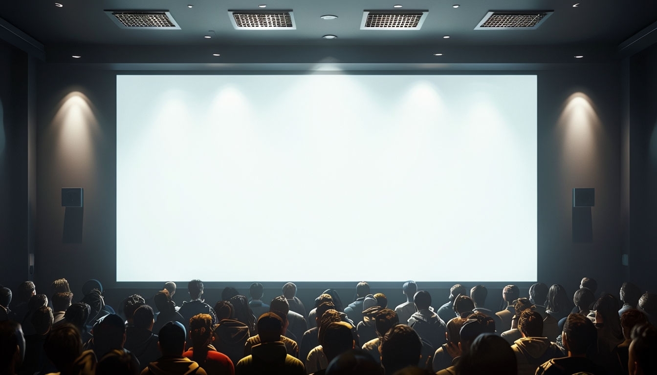 Modern Indoor Presentation with Audience and Projection Screen Art