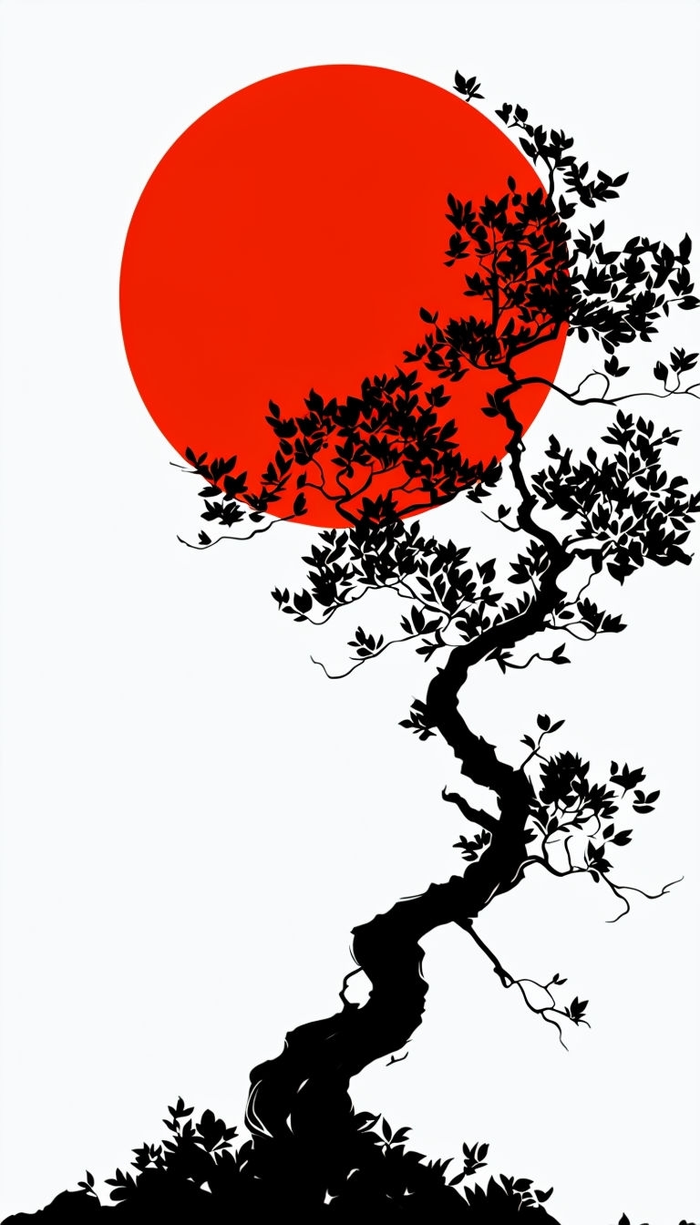 Minimalist Red Sun and Black Tree Silhouette Phone Case Cover