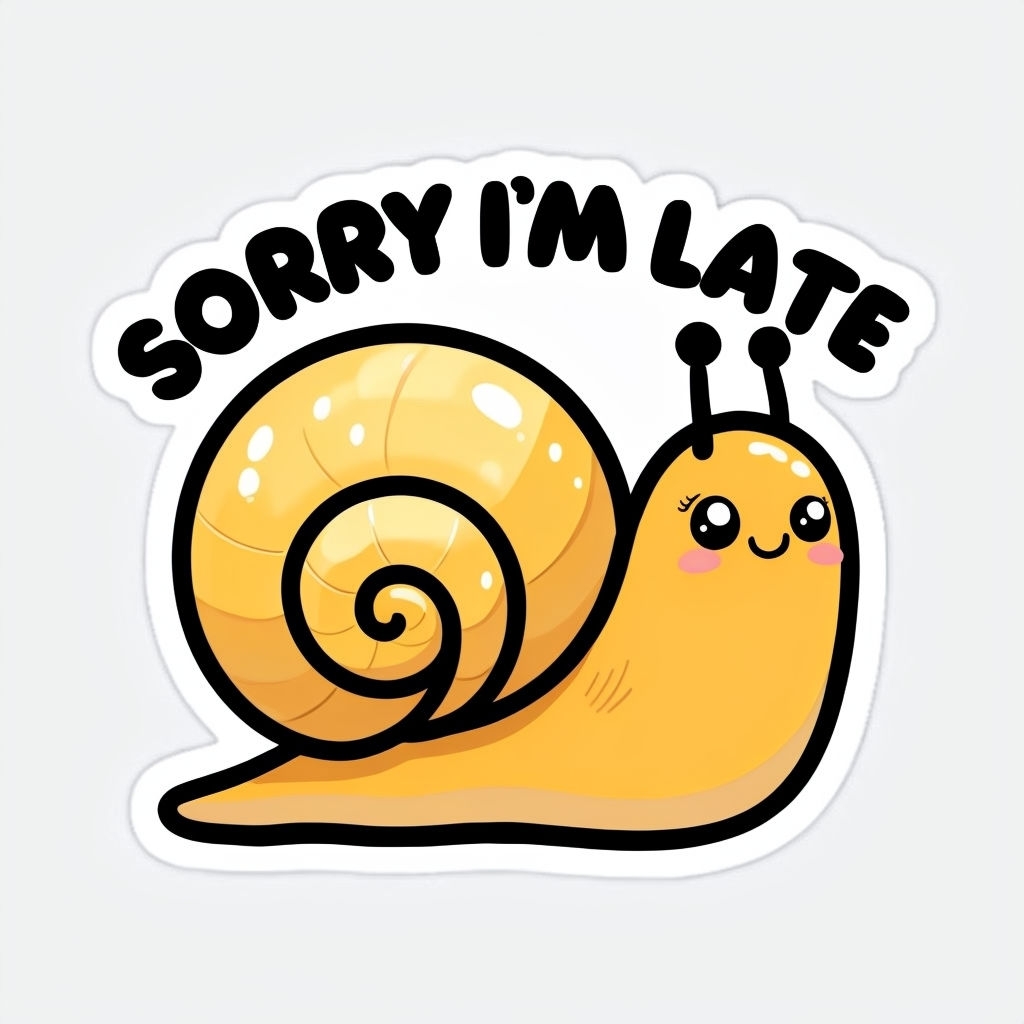 Cheerful Cartoon Snail with Sorry I'm Late Text Sticker