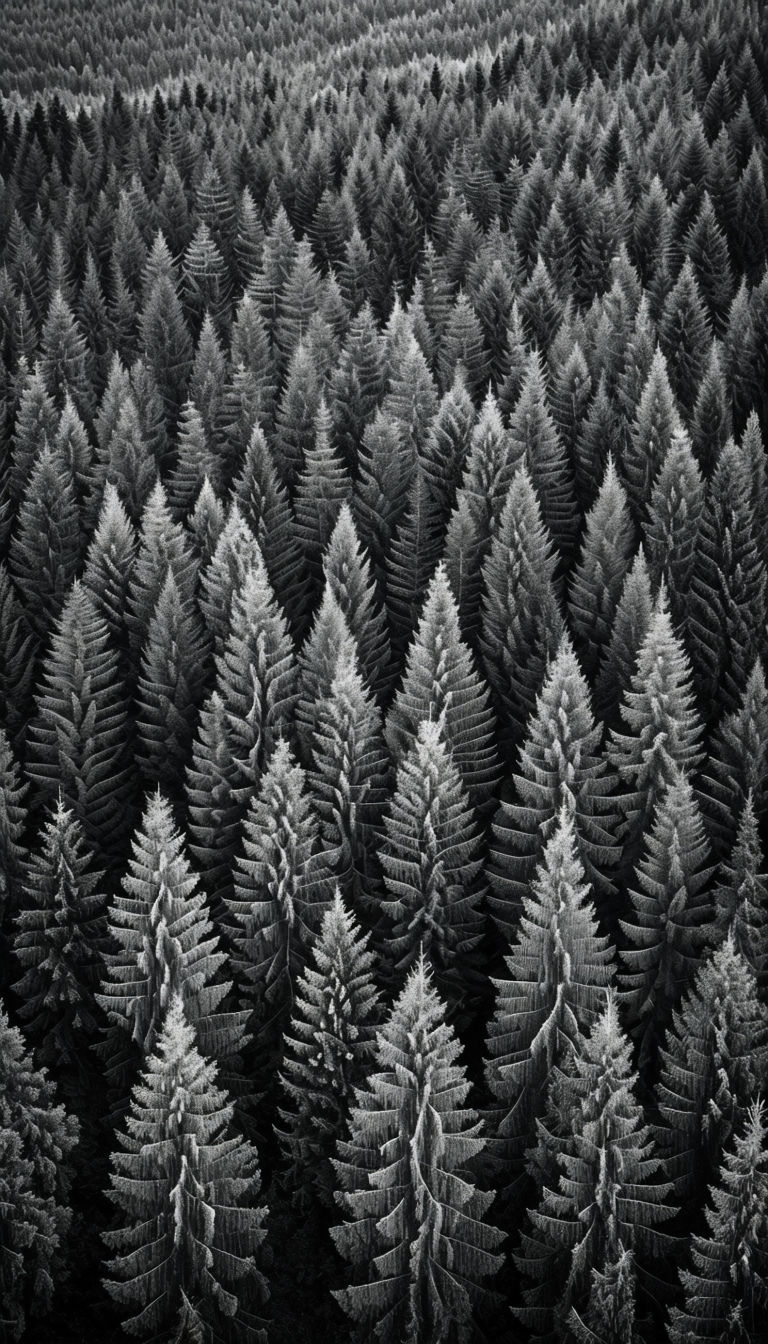"Serene Black and White Coniferous Forest Photography Mobile Wallpaper"