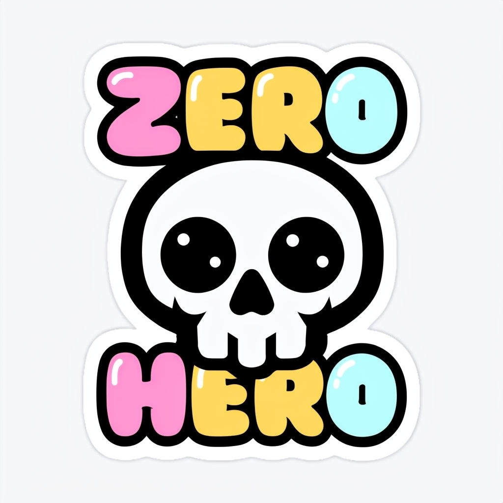 Playful Cartoon Skull and Colorful 'Zero Hero' Text Sticker