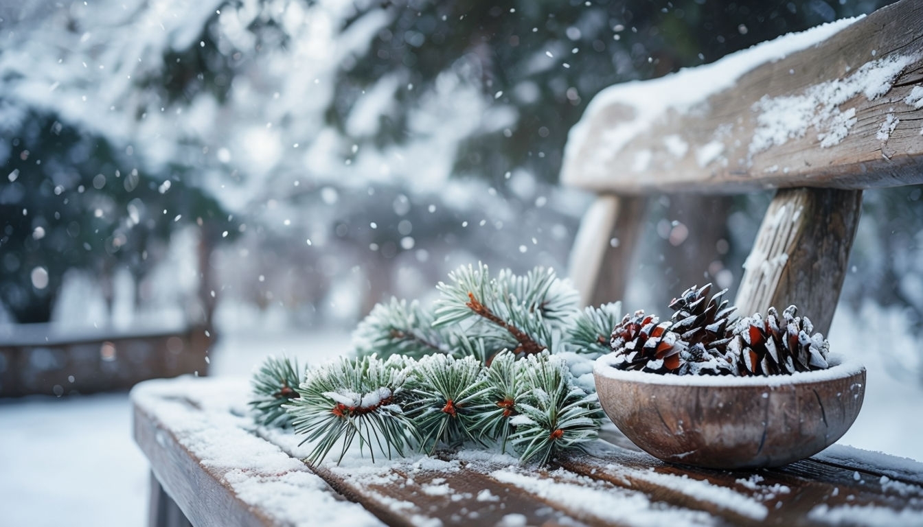 Serene Winter Pine Branches and Snowy Bench Background