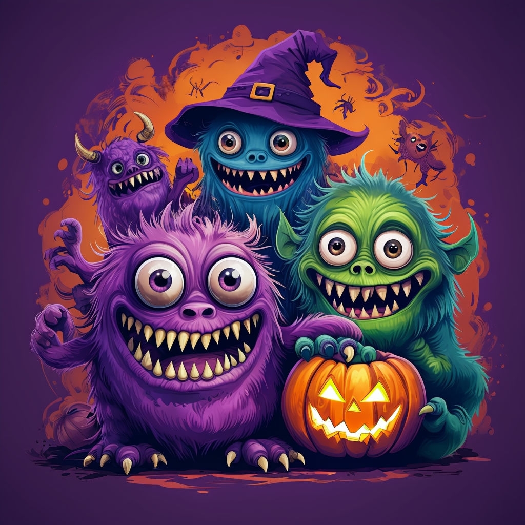 Colorful Halloween Monsters Sticker with Googly Eyes and Jack-O'-Lantern