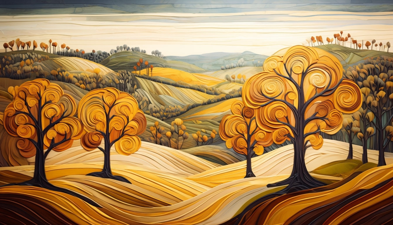 Serene Autumn Landscape in Textured Wood-Carving Style Background